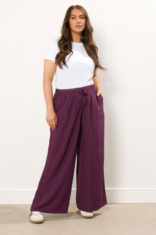 Evans YOURS Curve Wine Red Crinkle Wide Leg Trousers
