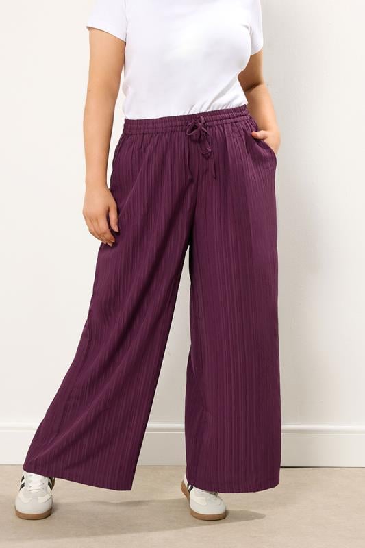 evans YOURS Curve Wine Red Crinkle Wide Leg Trousers