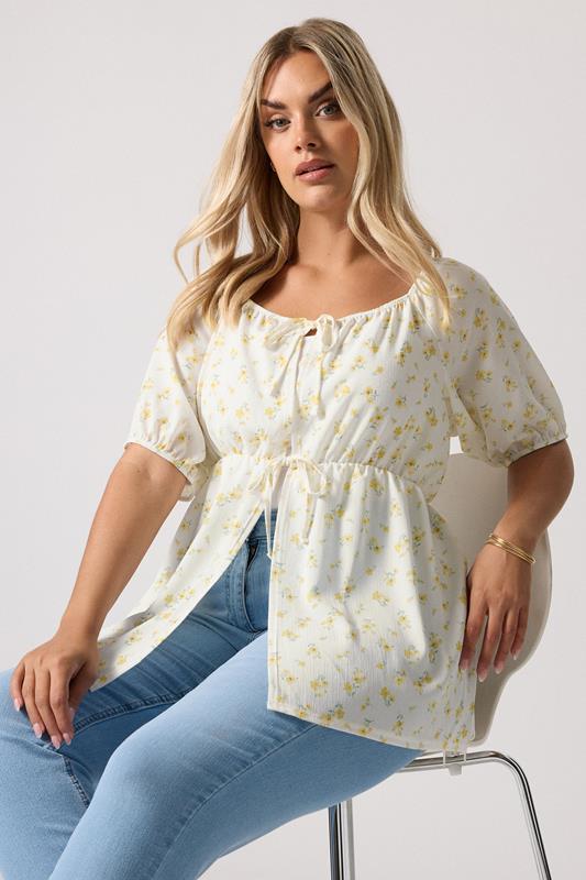 evans YOURS Curve Yellow Floral Print Tie Front Top