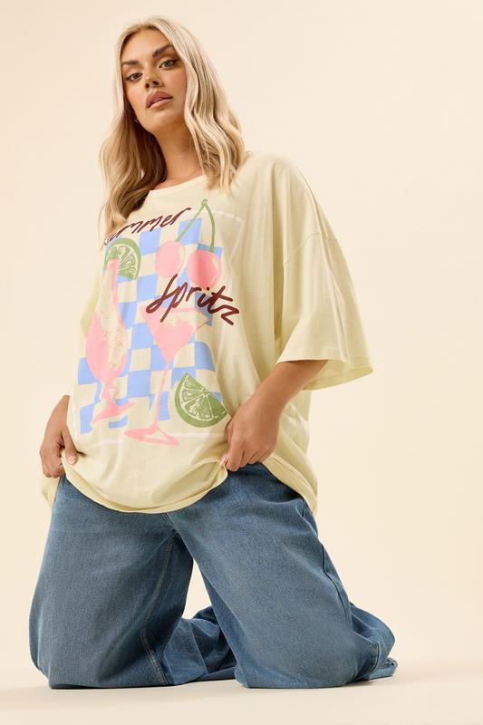 evans YOURS Curve Yellow 'Summer Spritz' Oversized T-Shirt