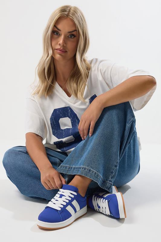 evans Yours Dark Blue Padded Lace Up Trainers In Wide E Fit