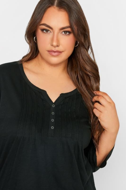 Evans YOURS FOR GOOD Curve Black Pintuck Button Henley T-Shirt