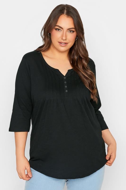 evans YOURS FOR GOOD Curve Black Pintuck Button Henley T-Shirt