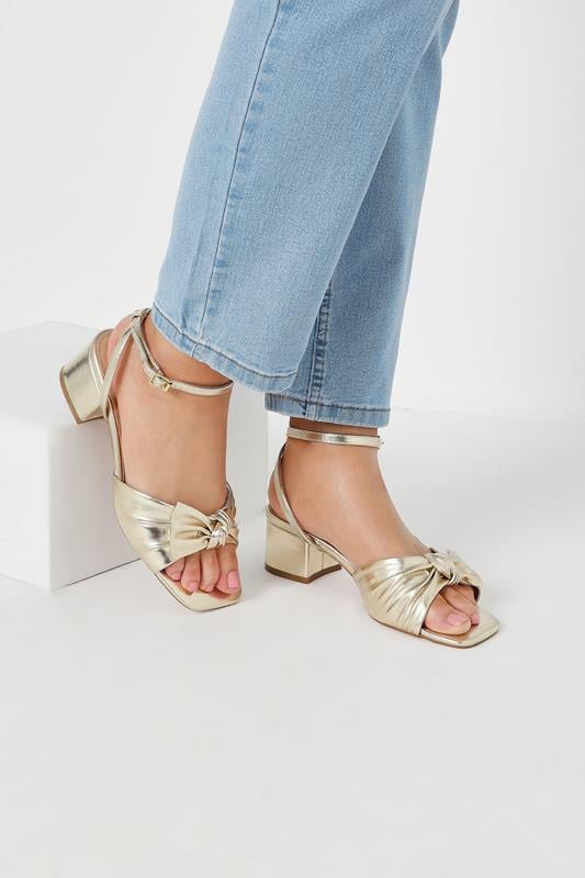 evans Yours Gold Bow Strap Block Heels In Wide E Fit & Extra Wide EEE Fit