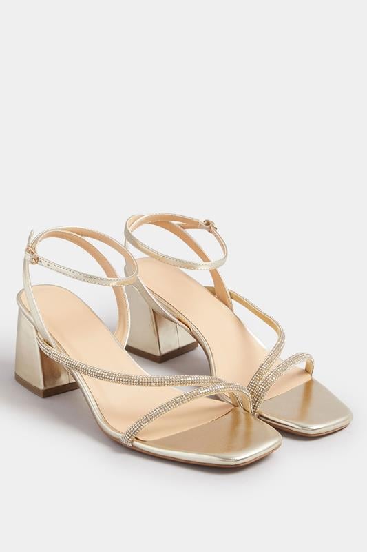 Evans Yours Gold Diamante Block Heel Sandals In Extra Wide EEE Fit