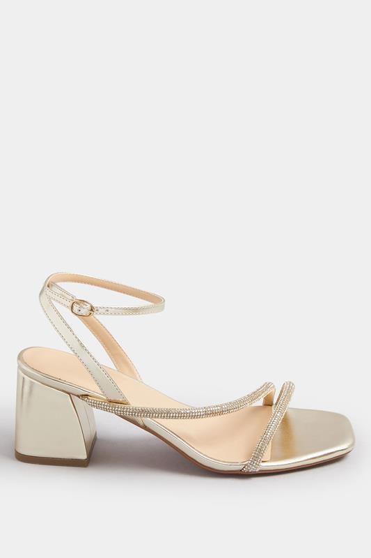 Evans Yours Gold Diamante Block Heel Sandals In Extra Wide EEE Fit