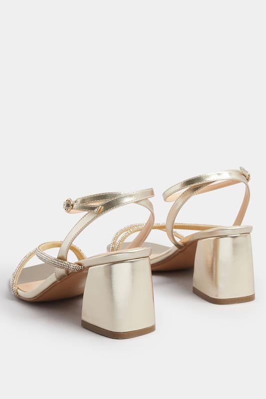 Evans Yours Gold Diamante Block Heel Sandals In Extra Wide EEE Fit