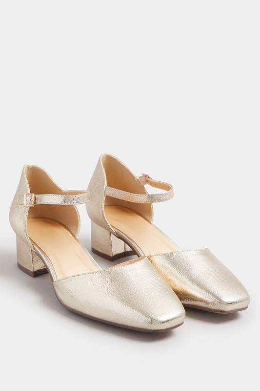 Evans Yours Gold Faux Leather Block Heel Court Shoes In Extra Wide EEE Fit