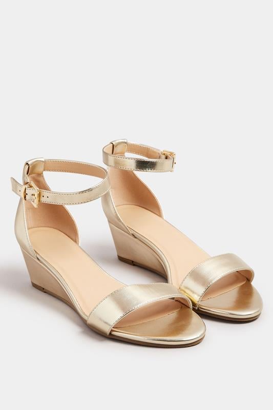 Evans Yours Gold Faux Leather Low Wedge Sandals In Extra Wide EEE Fit
