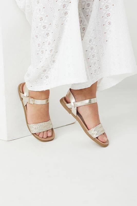 evans Yours Gold Faux Leather Woven Sandals In Extra Wide EEE Fit