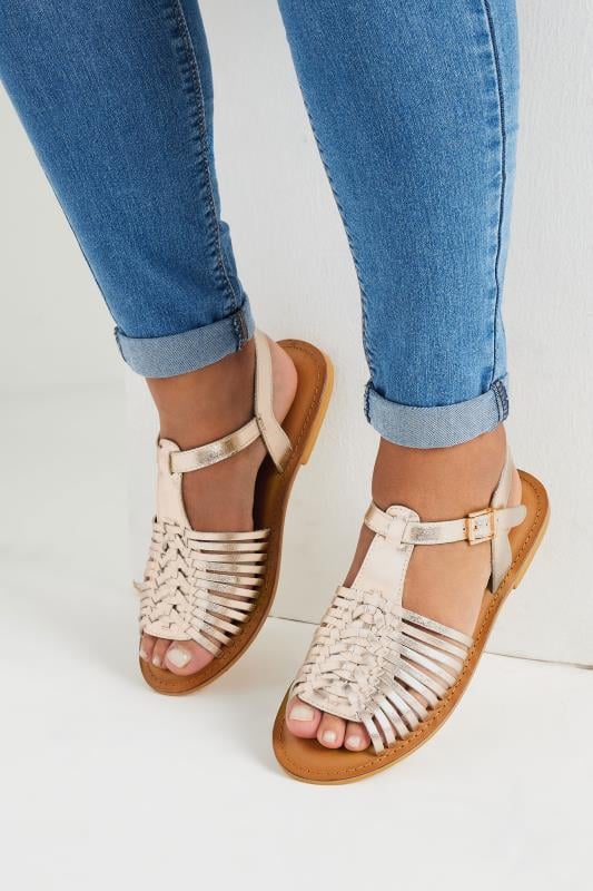 Evans Yours Gold Leather Woven Fisherman Sandals In Extra Wide EEE Fit