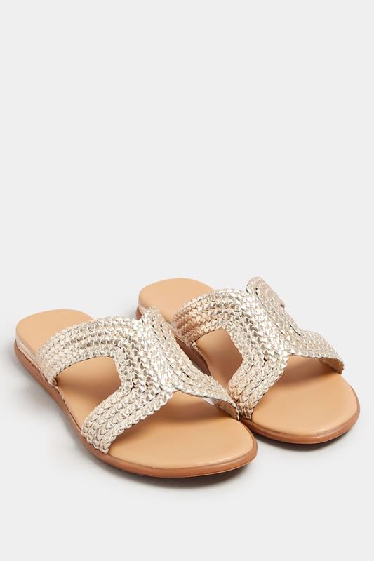 Evans Yours Gold Leather Woven Wedge Mule Sandals In Extra Wide EEE Fit