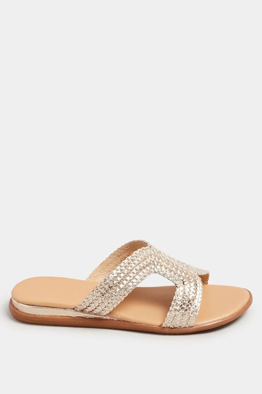 Evans Yours Gold Leather Woven Wedge Mule Sandals In Extra Wide EEE Fit