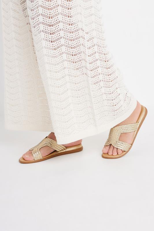 evans Yours Gold Leather Woven Wedge Mule Sandals In Extra Wide EEE Fit