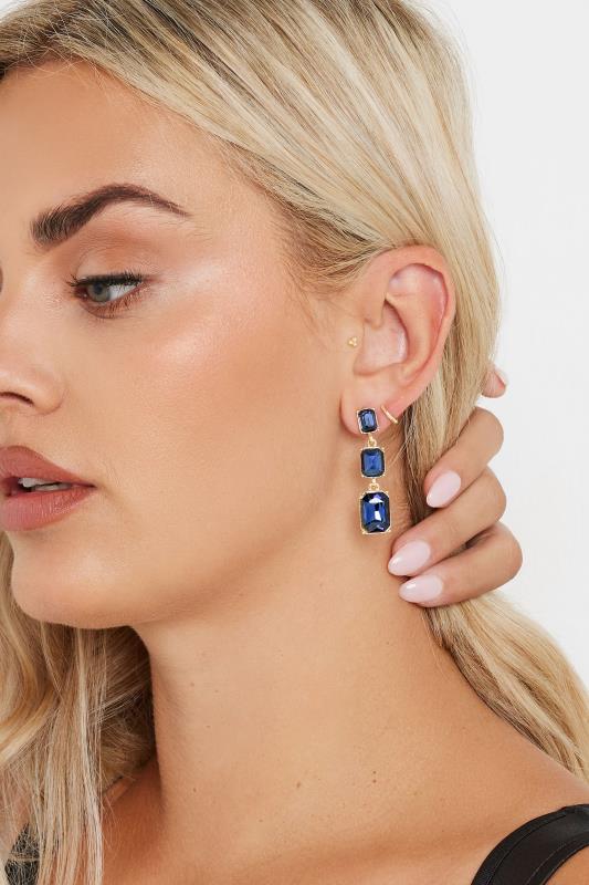 evans Yours Gold Tone Blue Diamante Triple Drop Earrings