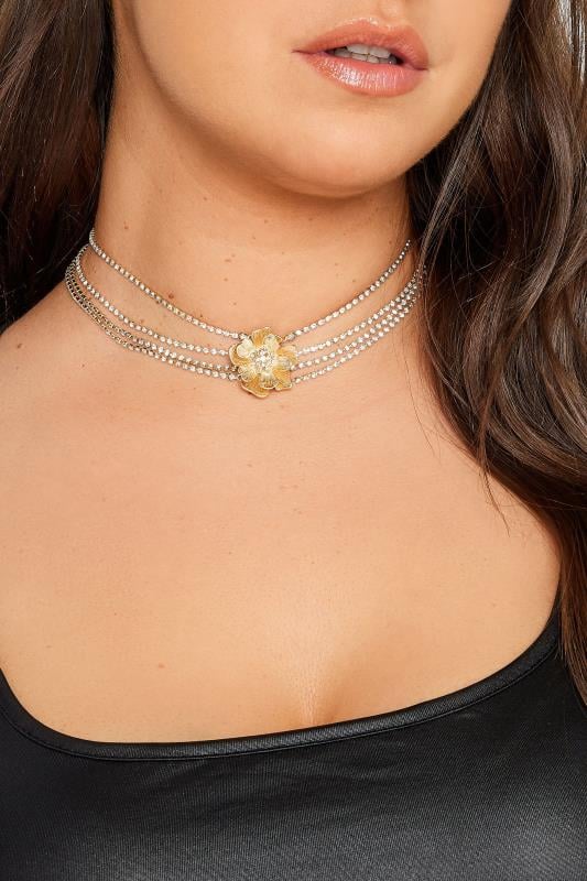 evans Yours Gold Tone Layered Diamante Flower Choker Necklace