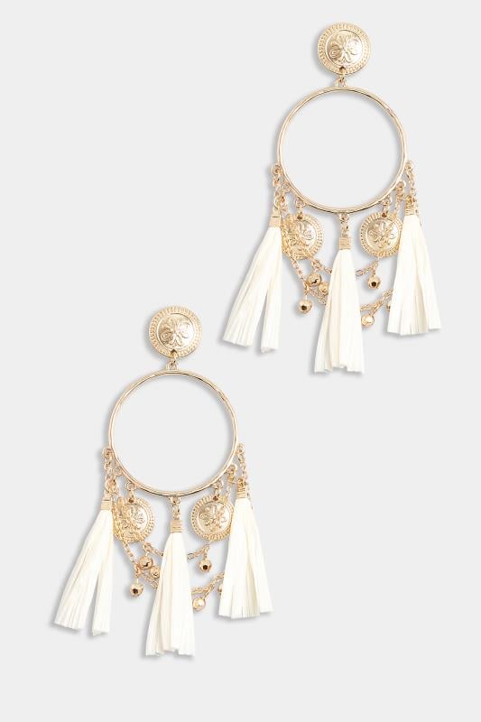 Evans Yours Gold & White Raffia Tassel Statement Earrings