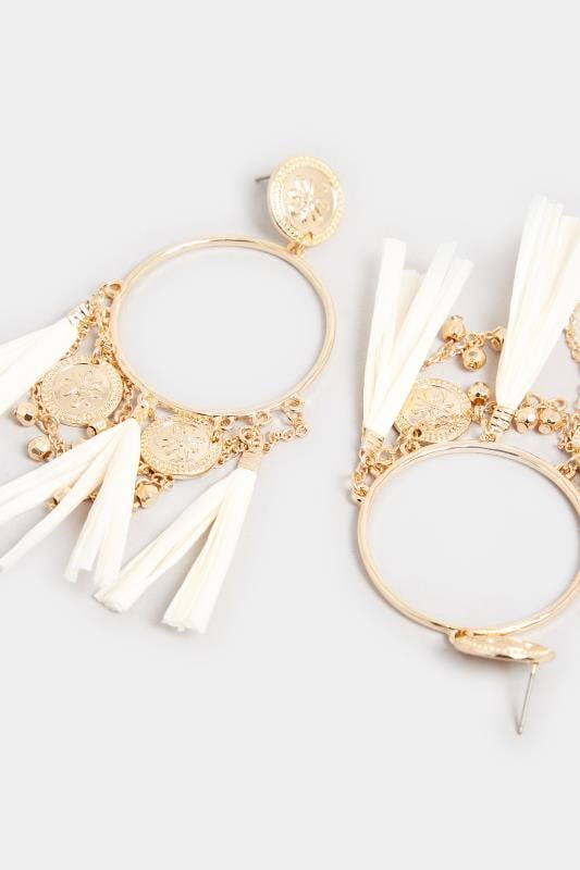 Evans Yours Gold & White Raffia Tassel Statement Earrings