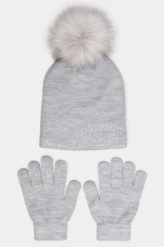 Evans Yours Grey Diamante Embellished Bobble Hat & Glove Set