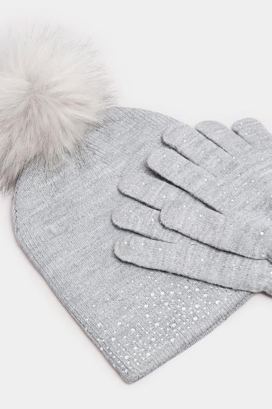 Evans Yours Grey Diamante Embellished Bobble Hat & Glove Set