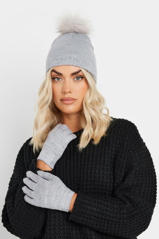 evans Yours Grey Diamante Embellished Bobble Hat & Glove Set
