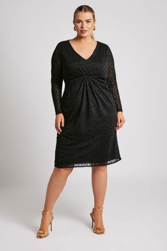 evans YOURS LONDON Curve Black Animal Flocked Mesh Midi Dress