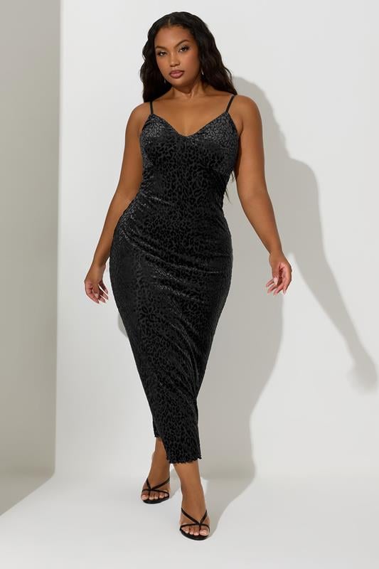 Evans YOURS LONDON Curve Black Animal Velour Midaxi Slip Dress