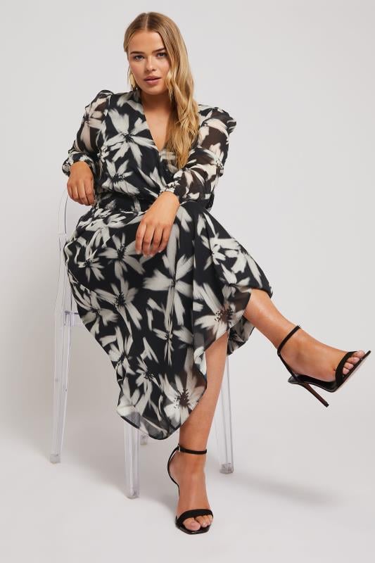 Evans YOURS LONDON Curve Black Blurred Floral Print Maxi Wrap Dress