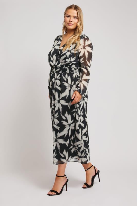 evans YOURS LONDON Curve Black Blurred Floral Print Maxi Wrap Dress