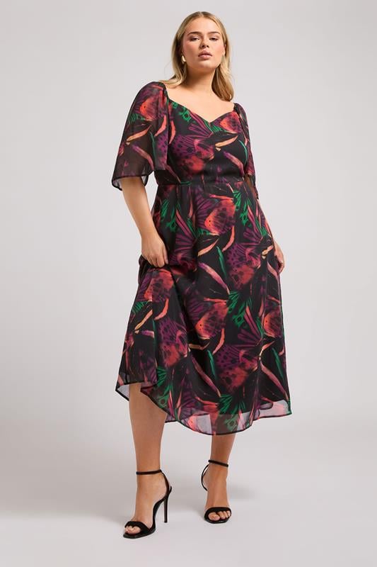 evans YOURS LONDON Curve Black Butterfly Print Midaxi Dress