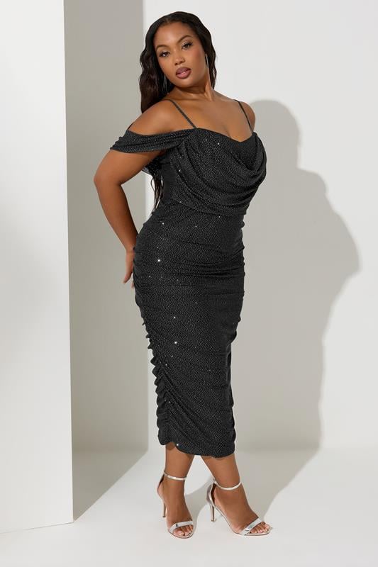 Evans YOURS LONDON Curve Black Cold Shoulder Glitter Mesh Dress