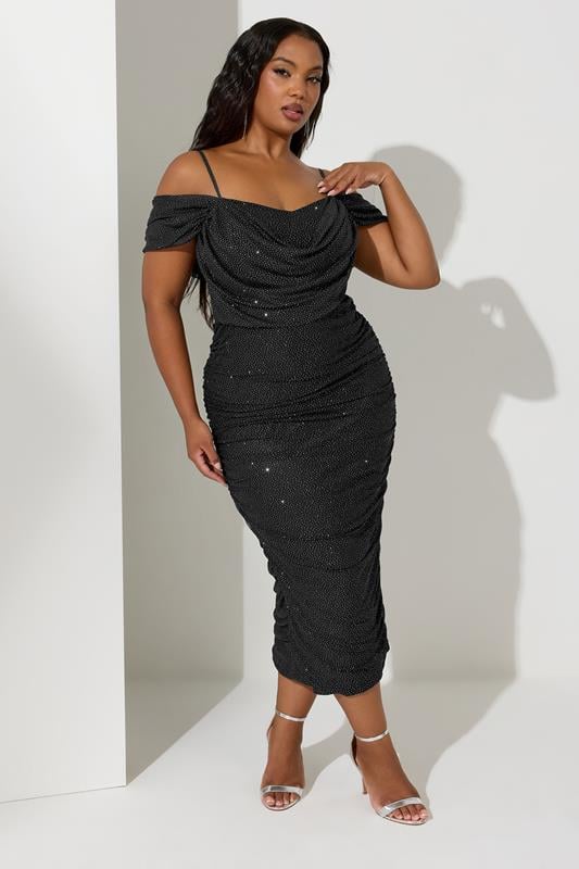 evans YOURS LONDON Curve Black Cold Shoulder Glitter Mesh Dress