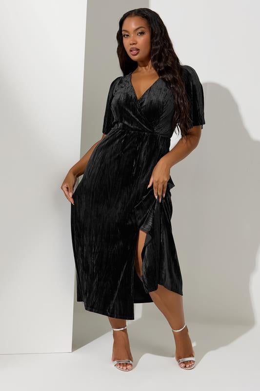 Evans YOURS LONDON Curve Black Crushed Velvet Wrap Dress
