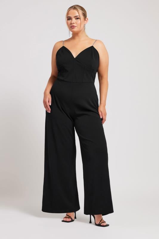 evans YOURS LONDON Curve Black Diamante Corset Jumpsuit