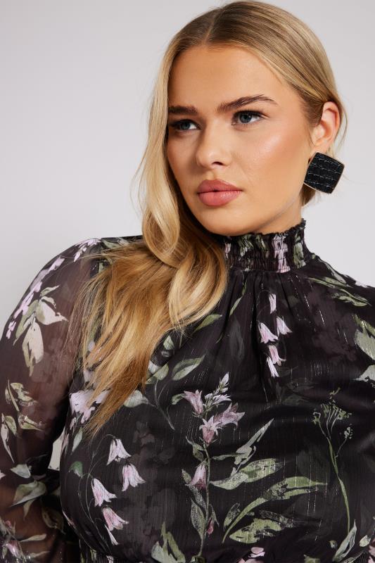 Evans YOURS LONDON Curve Black Floral Print Metallic Collared Dress