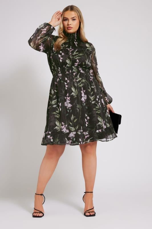 evans YOURS LONDON Curve Black Floral Print Metallic Collared Dress