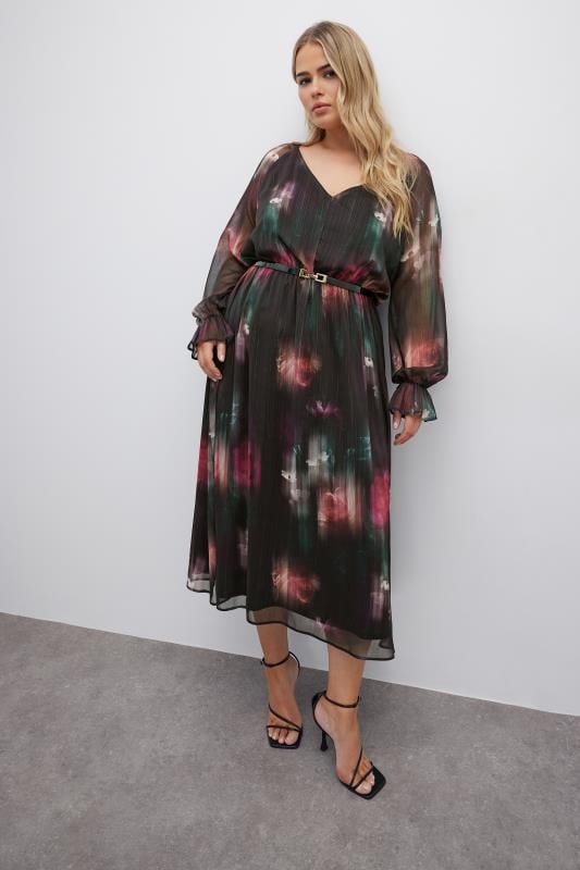 Evans YOURS LONDON Curve Black Floral Print Metallic Midaxi Dress With Belt