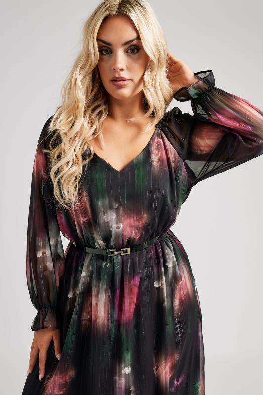 Evans YOURS LONDON Curve Black Floral Print Metallic Midaxi Dress With Belt