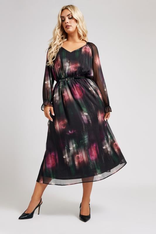 Evans YOURS LONDON Curve Black Floral Print Metallic Midaxi Dress With Belt