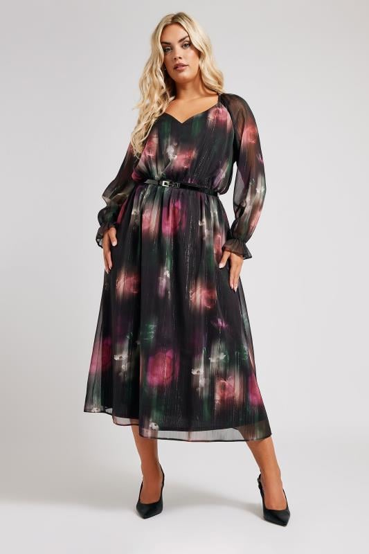 evans YOURS LONDON Curve Black Floral Print Metallic Midaxi Dress With Belt