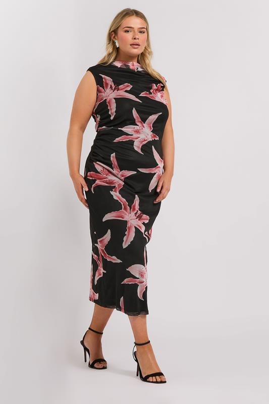 Evans YOURS LONDON Curve Black Floral Print Slash Neck Dress