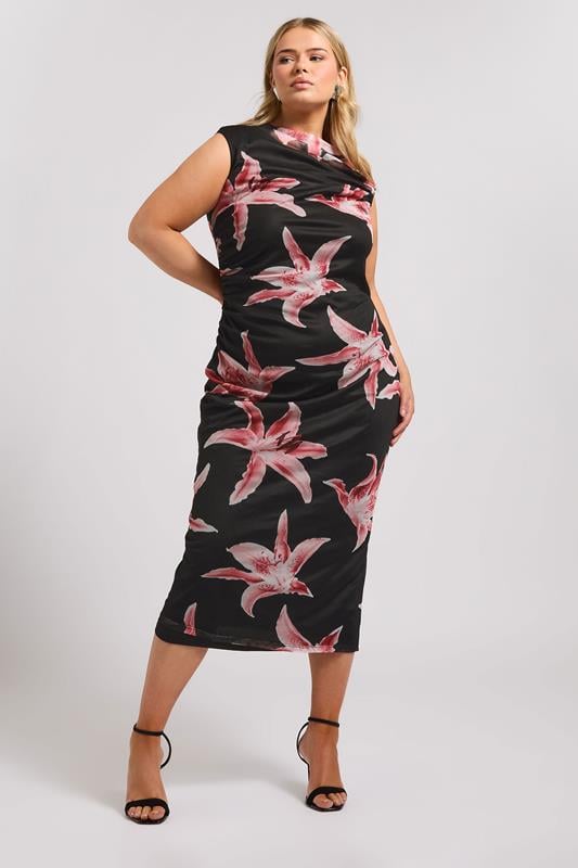 evans YOURS LONDON Curve Black Floral Print Slash Neck Dress