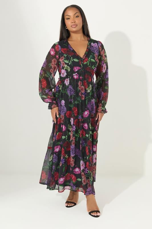 Evans YOURS LONDON Curve Black Floral Print Tiered Dress