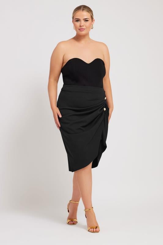 Evans YOURS LONDON Curve Black Gathered Button Detail Skirt