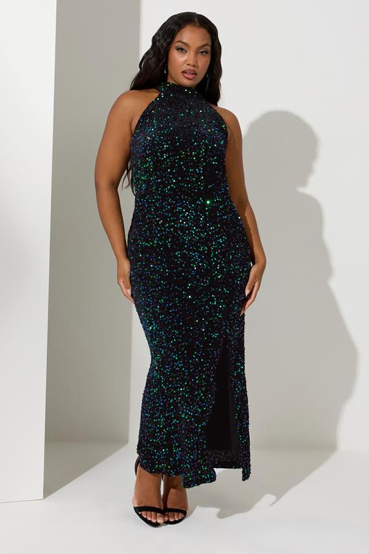 Evans YOURS LONDON Curve Black & Green Velvet Sequin Maxi Dress