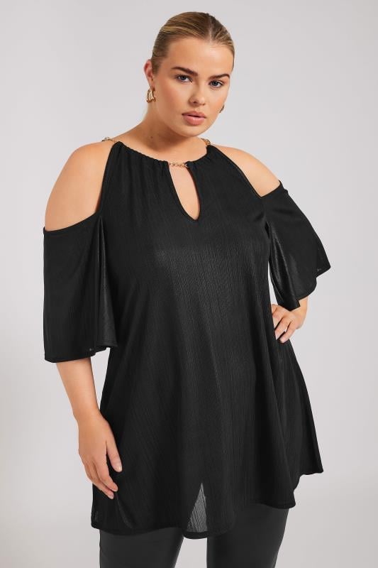 evans YOURS LONDON Curve Black Metallic Chain Detail Top