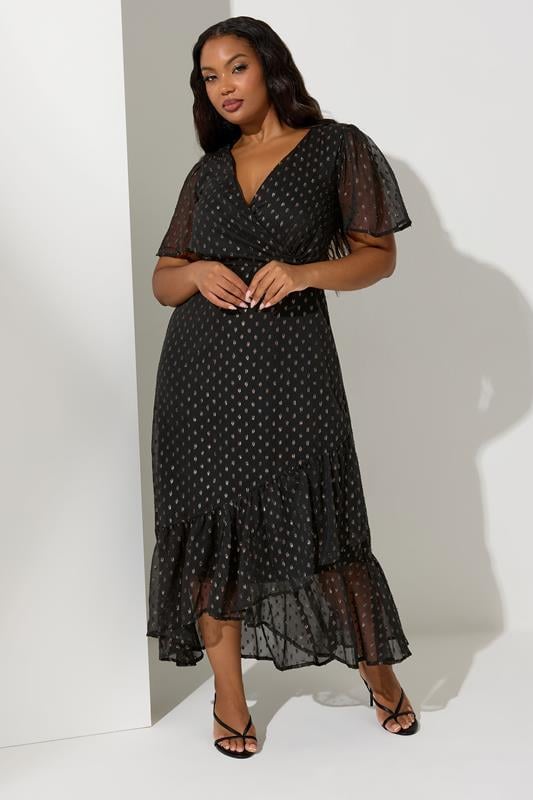 Evans YOURS LONDON Curve Black Metallic Dobby Wrap Dress