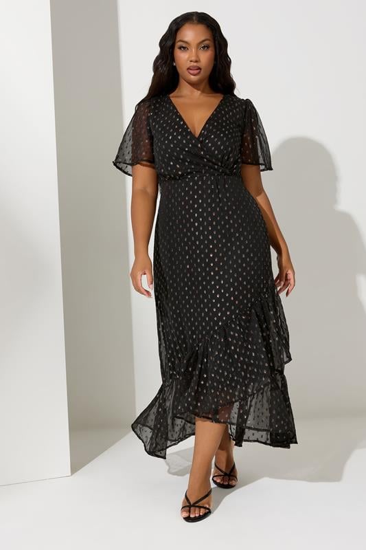 evans YOURS LONDON Curve Black Metallic Dobby Wrap Dress