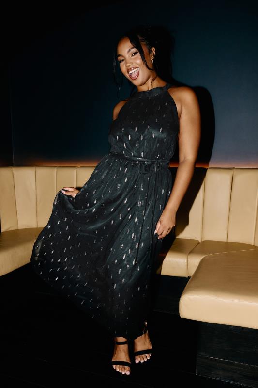 Evans YOURS LONDON Curve Black Metallic Spot Print Halterneck Maxi Dress