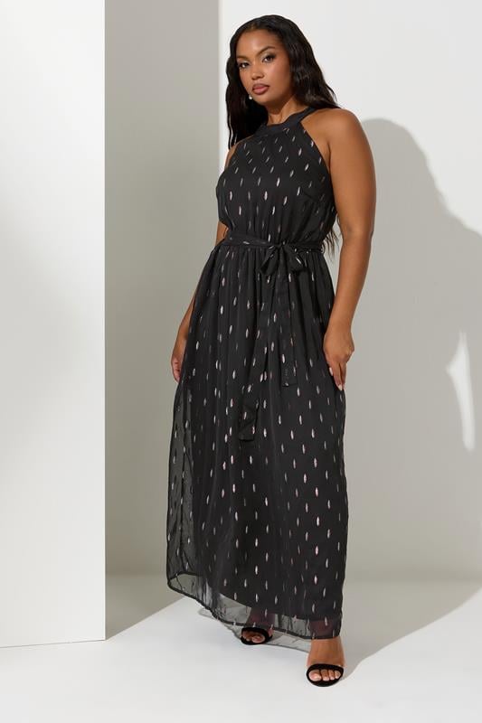 Evans YOURS LONDON Curve Black Metallic Spot Print Halterneck Maxi Dress